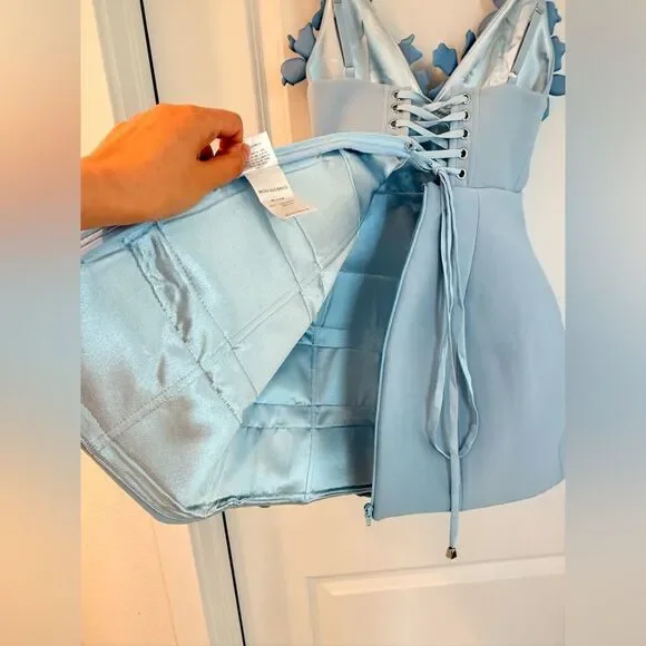 NWOT BRONX AND BANCO Emma Powder Blue Floral Mini Dress, Wedding Guest dress - Picture 10 of 11